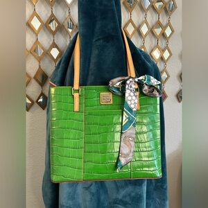 Rare Green Dooney & Bourke Croc-Embossed Leather Tote with Scarf